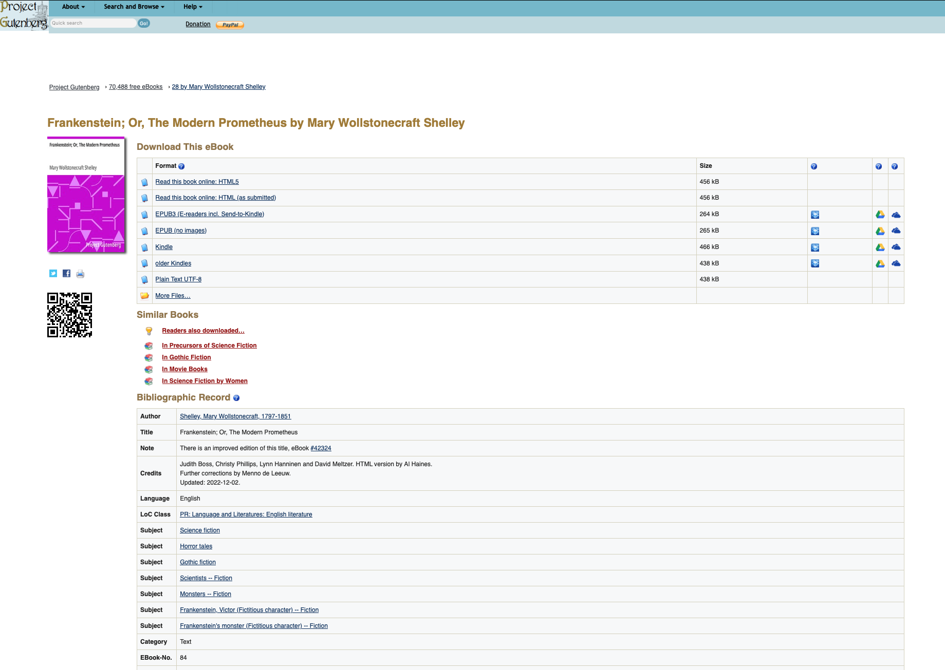Project Gutenberg page on Frankenstein by Mary Shelley